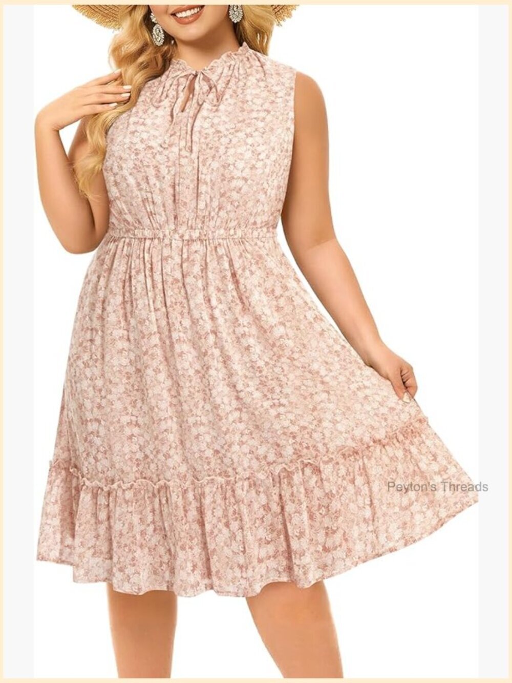 Plus Size Summer Tie Crewneck Sleeveless Boho Chiffon Ruffle Flowy Sundress